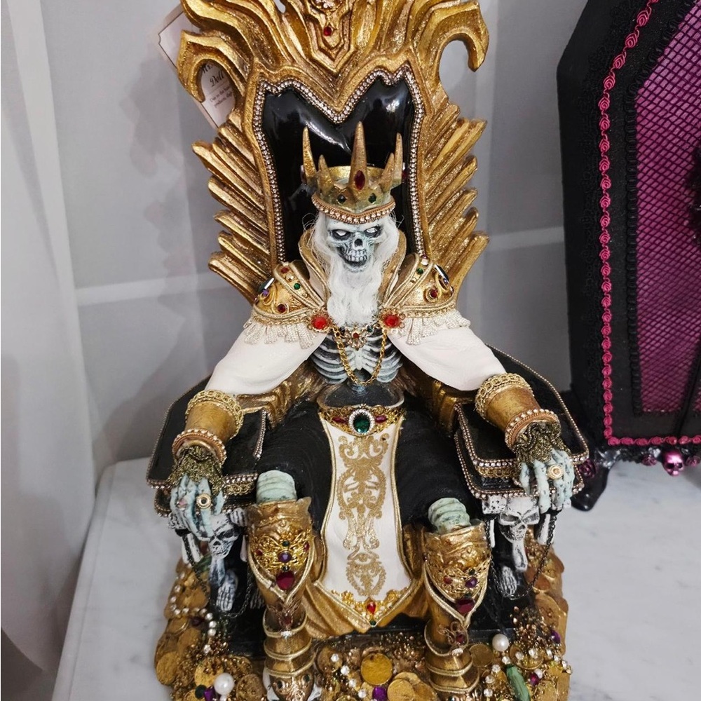 Regal Skeleton King Sculpture in Gold, Black and White